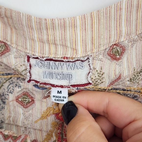 Johnny Was Workshop Embroidered Cotton Linen Tunic Bohemian Floral Stripe Sz Med - Picture 3 of 16